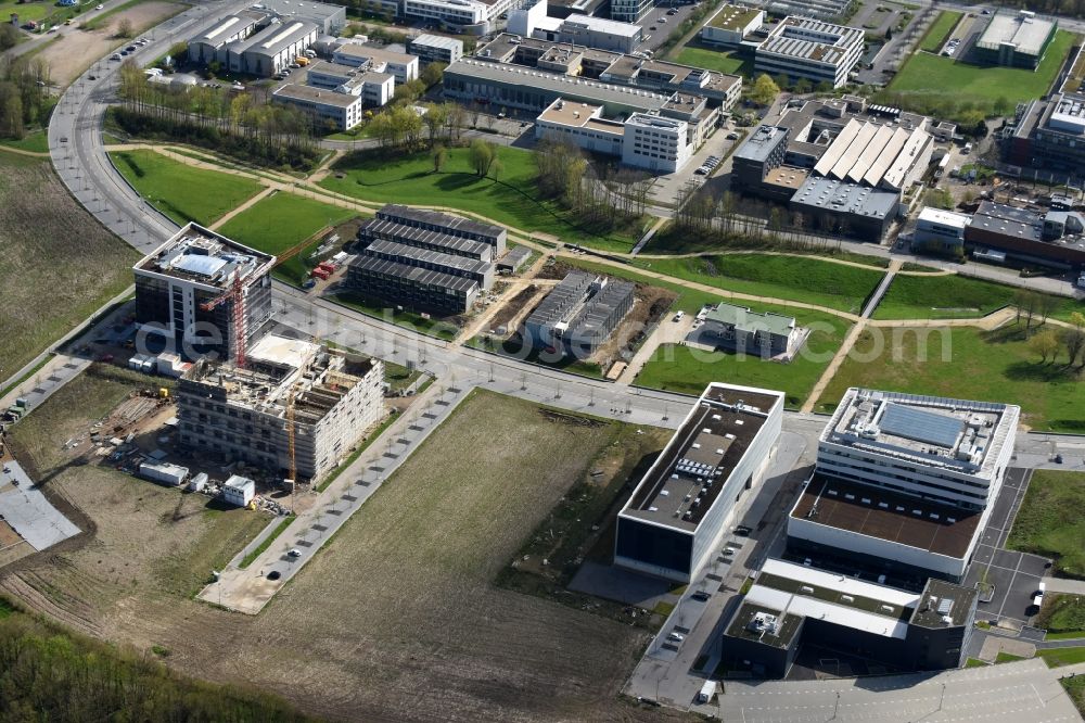 Aerial photograph Aachen - New research building at the RWTH Aachen Campus, here the Cluster Smart Logistics and Heavy-Duty Drive, Photonics, a student residence and a daycare centre on the Campus Boulevard in Aachen in the state North Rhine-Westphalia