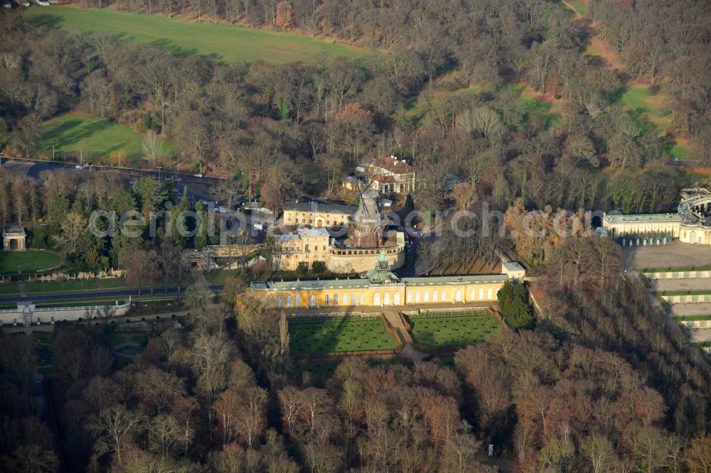 Potsdam from the bird's eye view: The New Chambers and the Historic Mill in Sanssouci Park in Potsdam in the state Brandenburg