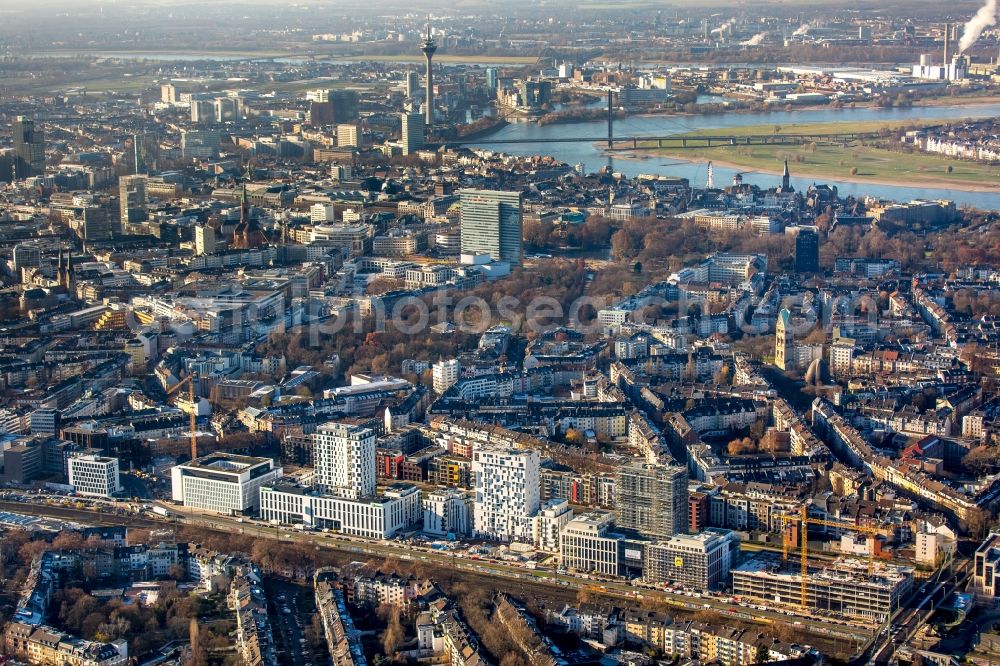 Düsseldorf from above - New City Quarters and Le Quartier Central in Duesseldorf in the state of North Rhine-Westphalia. The former railway and commercial area is being redeveloped and new residential buildings and parks are being created along Toulouser Allee