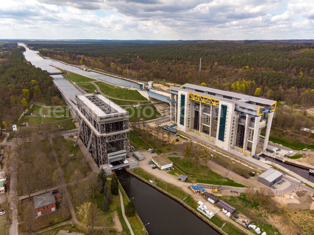 Aerial photograph Niederfinow - New and old Niederfinow ship lift on the Finow Canal in the state of Brandenburg