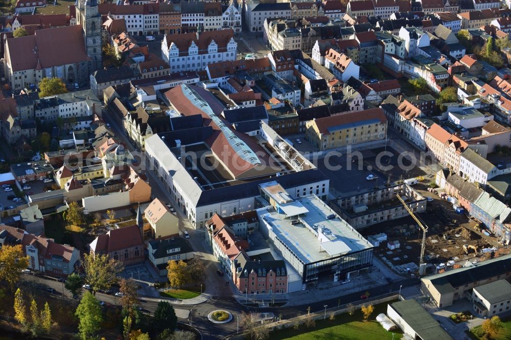 Wittenberg from above - View of the construction site of the shopping center Arsenal between the Arsenal square and the market place in the inner city of Wittenberg. Project developers are MIB AG and the OFB Development GmbH