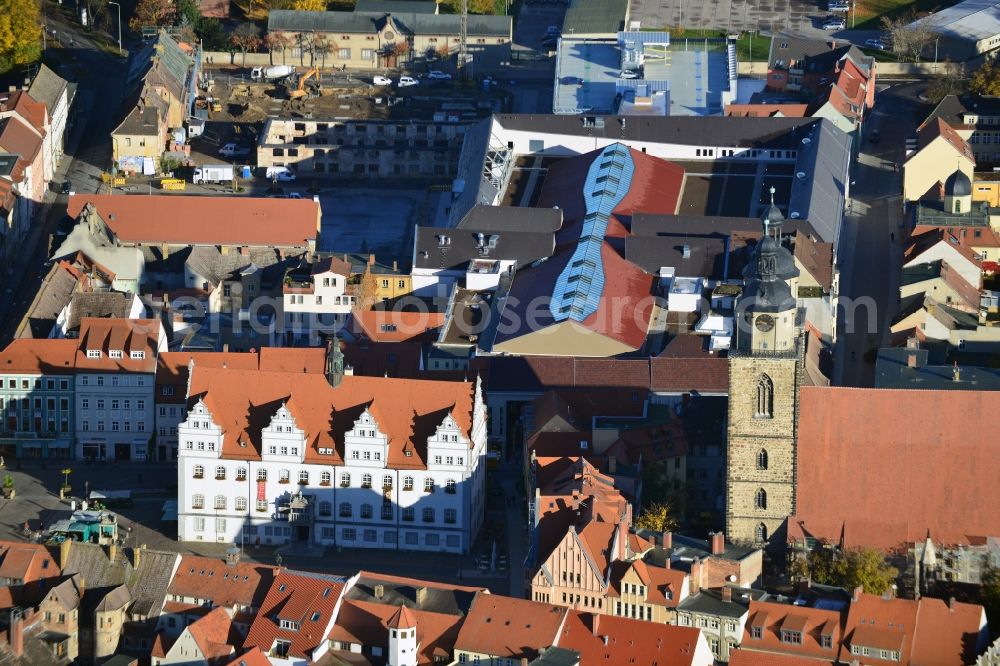 Aerial photograph Wittenberg - View of the construction site of the shopping center Arsenal between the Arsenal square and the market place in the inner city of Wittenberg. Project developers are MIB AG and the OFB Development GmbH