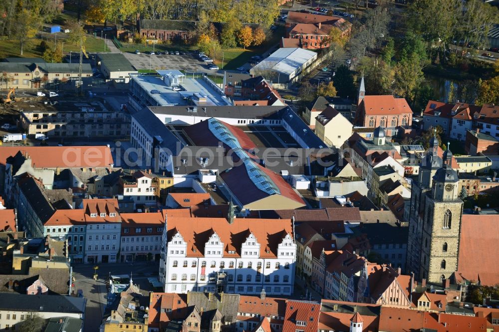 Wittenberg from the bird's eye view: View of the construction site of the shopping center Arsenal between the Arsenal square and the market place in the inner city of Wittenberg. Project developers are MIB AG and the OFB Development GmbH