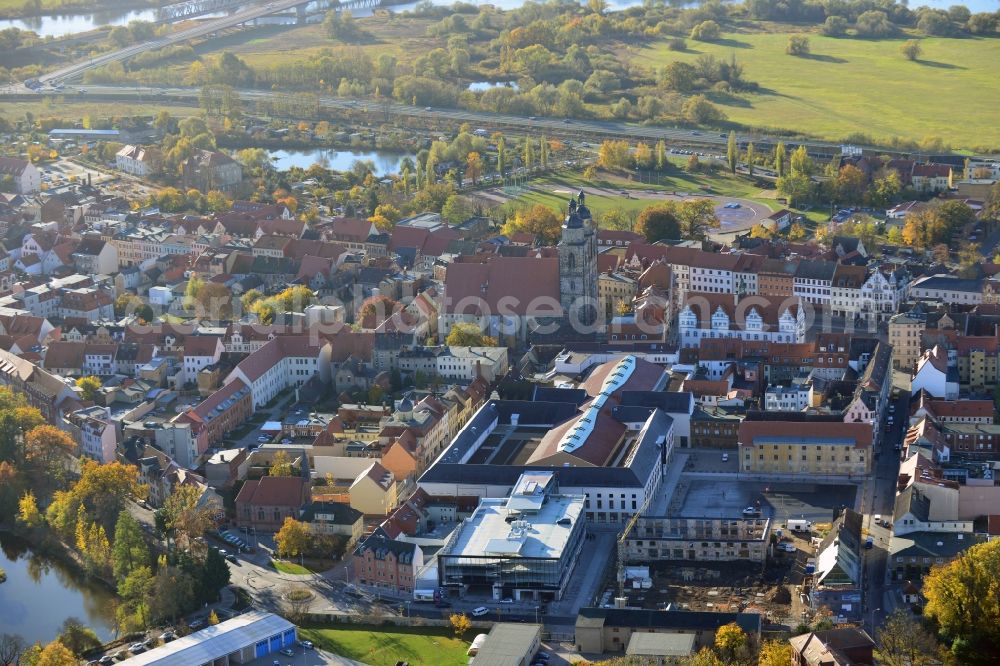 Aerial image Wittenberg - View of the construction site of the shopping center Arsenal between the Arsenal square and the market place in the inner city of Wittenberg. Project developers are MIB AG and the OFB Development GmbH