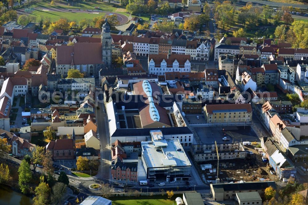 Aerial photograph Wittenberg - View of the construction site of the shopping center Arsenal between the Arsenal square and the market place in the inner city of Wittenberg. Project developers are MIB AG and the OFB Development GmbH