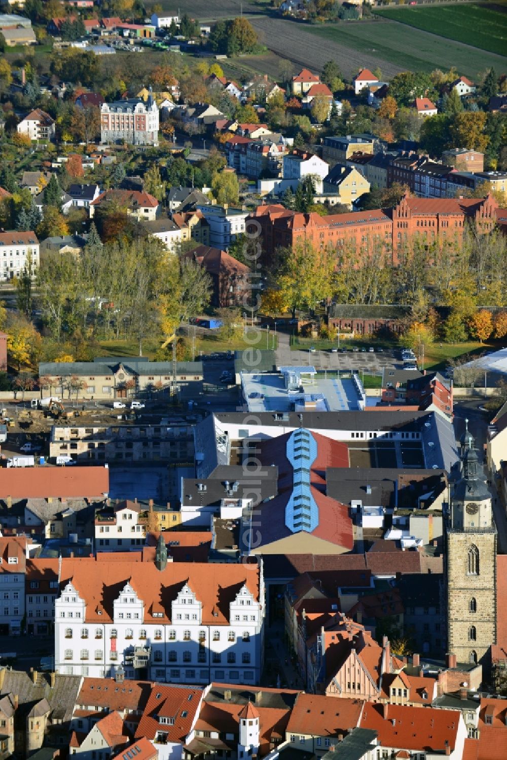 Aerial image Wittenberg - View of the construction site of the shopping center Arsenal between the Arsenal square and the market place in the inner city of Wittenberg. Project developers are MIB AG and the OFB Development GmbH