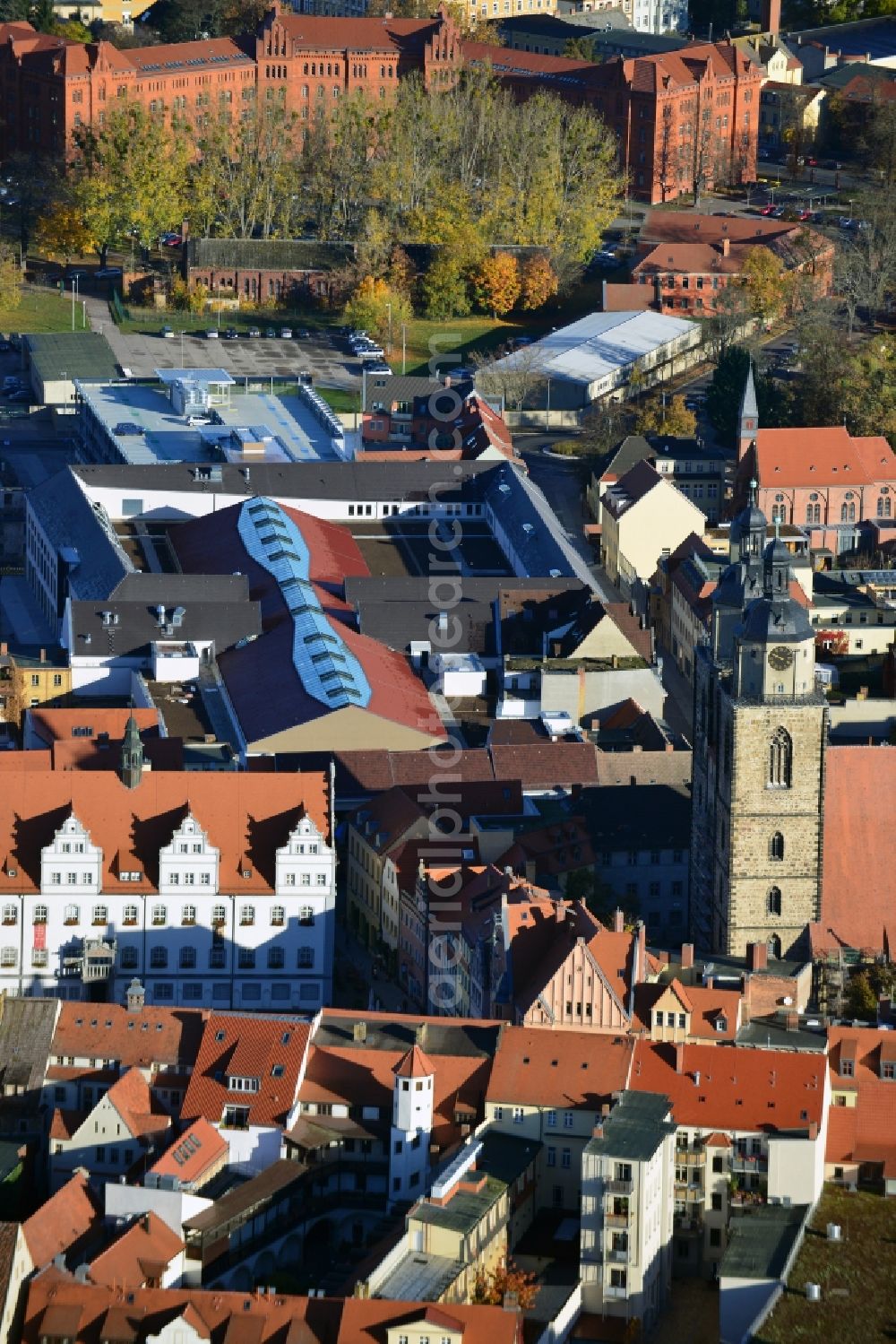 Aerial photograph Wittenberg - View of the construction site of the shopping center Arsenal between the Arsenal square and the market place in the inner city of Wittenberg. Project developers are MIB AG and the OFB Development GmbH