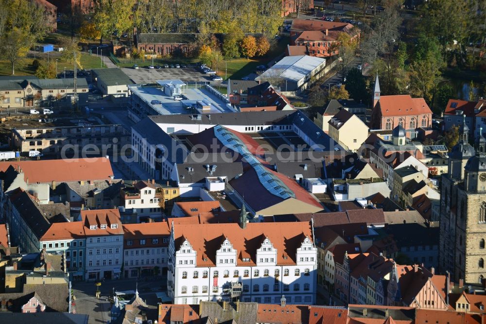 Wittenberg from above - View of the construction site of the shopping center Arsenal between the Arsenal square and the market place in the inner city of Wittenberg. Project developers are MIB AG and the OFB Development GmbH