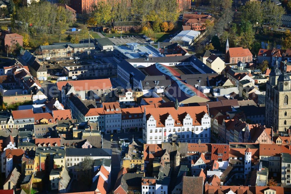 Wittenberg from the bird's eye view: View of the construction site of the shopping center Arsenal between the Arsenal square and the market place in the inner city of Wittenberg. Project developers are MIB AG and the OFB Development GmbH