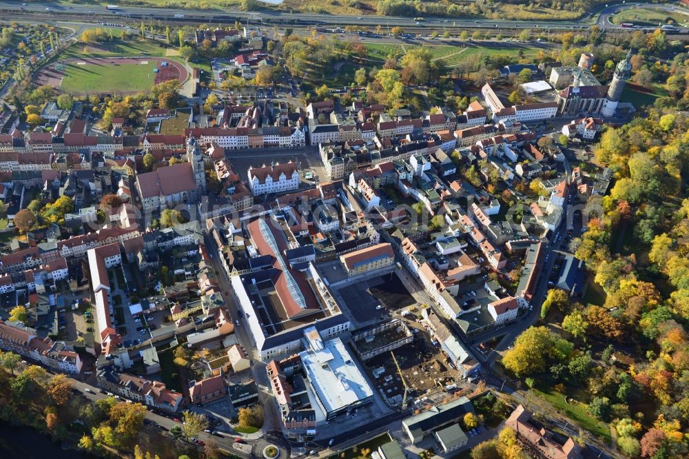 Wittenberg from above - View of the construction site of the shopping center Arsenal between the Arsenal square and the market place in the inner city of Wittenberg. Project developers are MIB AG and the OFB Development GmbH