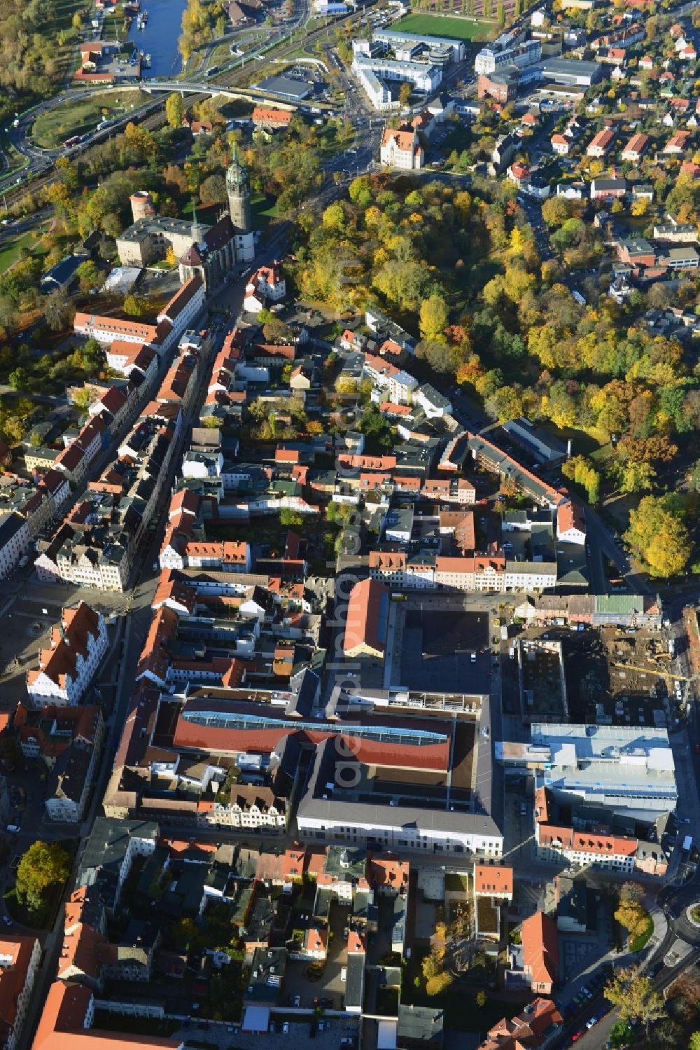 Aerial image Wittenberg - View of the construction site of the shopping center Arsenal between the Arsenal square and the market place in the inner city of Wittenberg. Project developers are MIB AG and the OFB Development GmbH