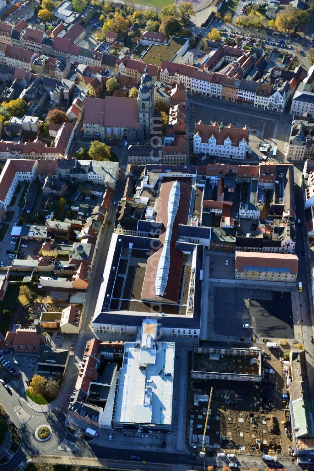 Aerial image Wittenberg - View of the construction site of the shopping center Arsenal between the Arsenal square and the market place in the inner city of Wittenberg. Project developers are MIB AG and the OFB Development GmbH