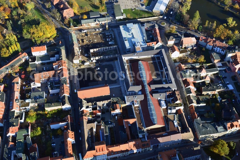 Wittenberg from the bird's eye view: View of the construction site of the shopping center Arsenal between the Arsenal square and the market place in the inner city of Wittenberg. Project developers are MIB AG and the OFB Development GmbH