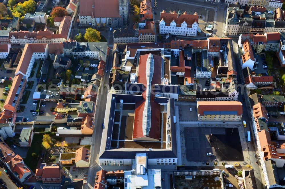 Wittenberg from above - View of the construction site of the shopping center Arsenal between the Arsenal square and the market place in the inner city of Wittenberg. Project developers are MIB AG and the OFB Development GmbH