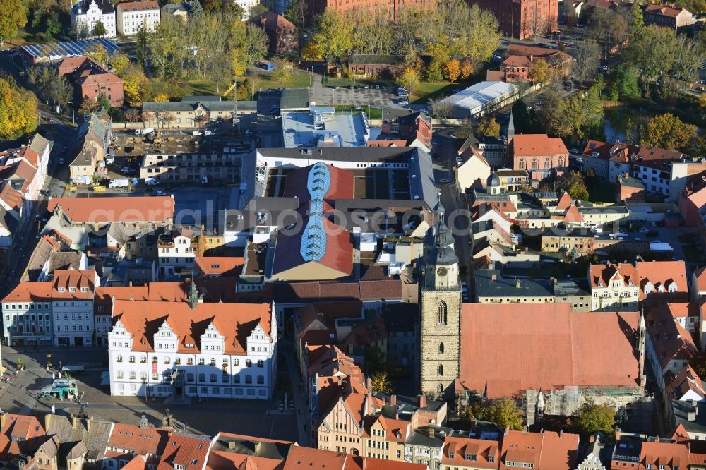 Aerial image Wittenberg - View of the construction site of the shopping center Arsenal between the Arsenal square and the market place in the inner city of Wittenberg. Project developers are MIB AG and the OFB Development GmbH