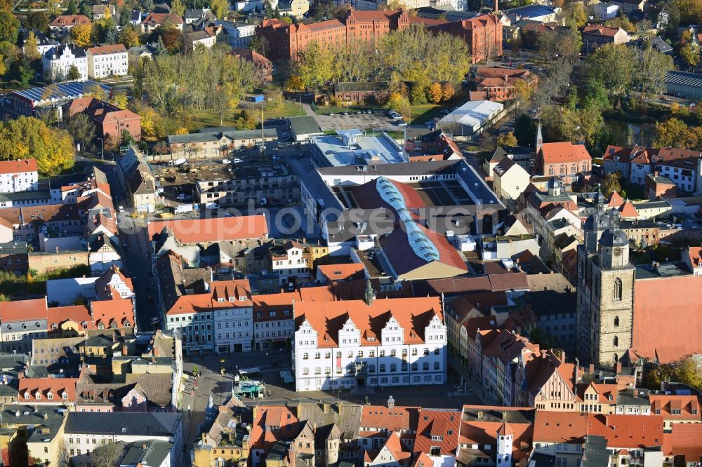 Aerial photograph Wittenberg - View of the construction site of the shopping center Arsenal between the Arsenal square and the market place in the inner city of Wittenberg. Project developers are MIB AG and the OFB Development GmbH