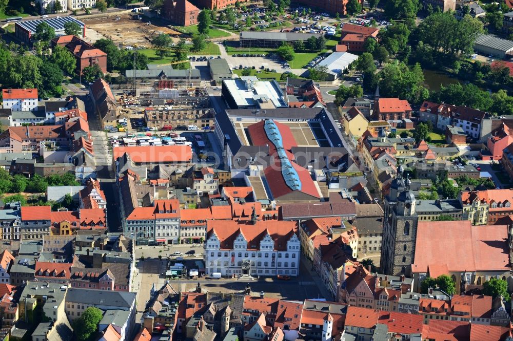 Aerial image Wittenberg - View of the construction site of the shopping center Arsenal between the Arsenal square and the market place in the inner city of Wittenberg. Project developers are MIB AG and the OFB Development GmbH