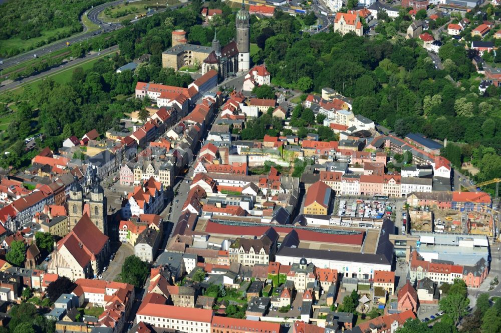 Aerial photograph Wittenberg - View of the construction site of the shopping center Arsenal between the Arsenal square and the market place in the inner city of Wittenberg. Project developers are MIB AG and the OFB Development GmbH