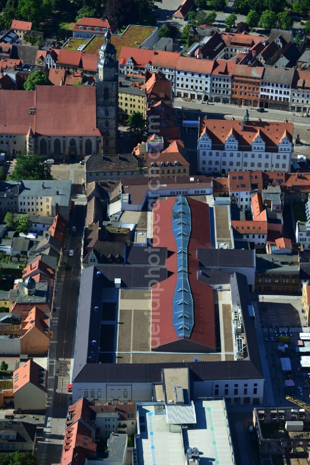 Aerial image Wittenberg - View of the construction site of the shopping center Arsenal between the Arsenal square and the market place in the inner city of Wittenberg. Project developers are MIB AG and the OFB Development GmbH