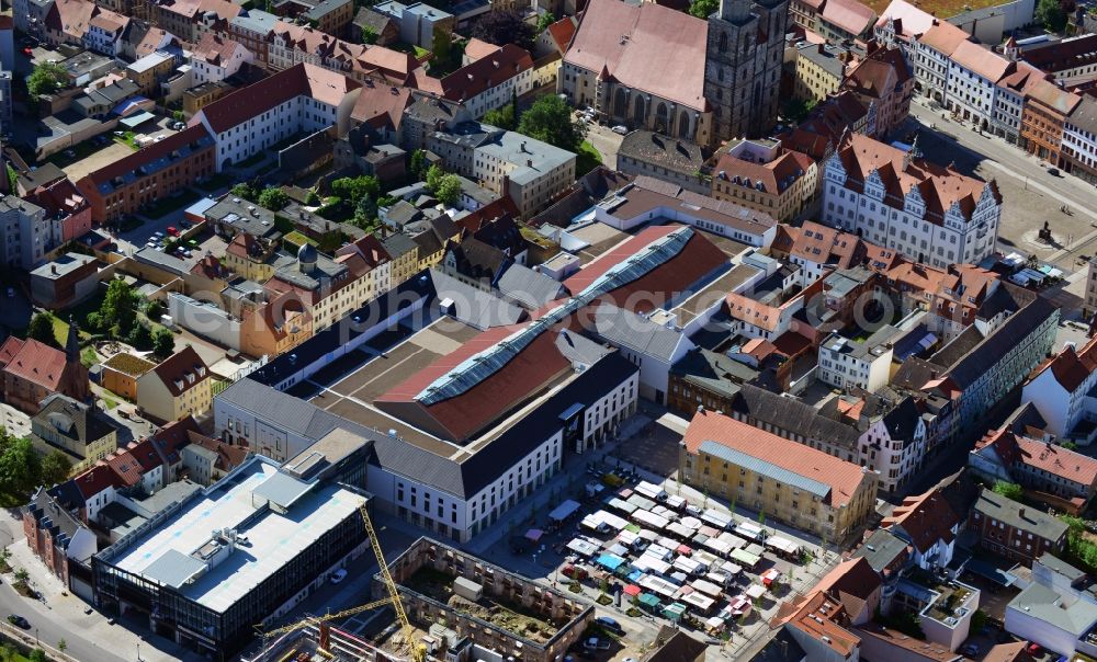 Wittenberg from above - View of the construction site of the shopping center Arsenal between the Arsenal square and the market place in the inner city of Wittenberg. Project developers are MIB AG and the OFB Development GmbH