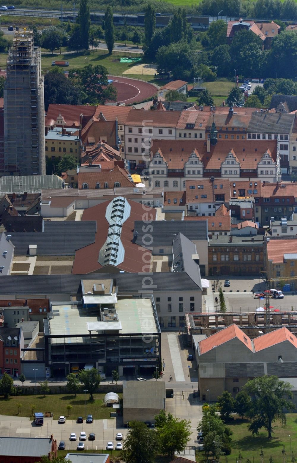 Wittenberg from above - View of the construction site of the shopping center Arsenal between the Arsenal square and the market place in the inner city of Wittenberg. Project developers are MIB AG and the OFB Development GmbH