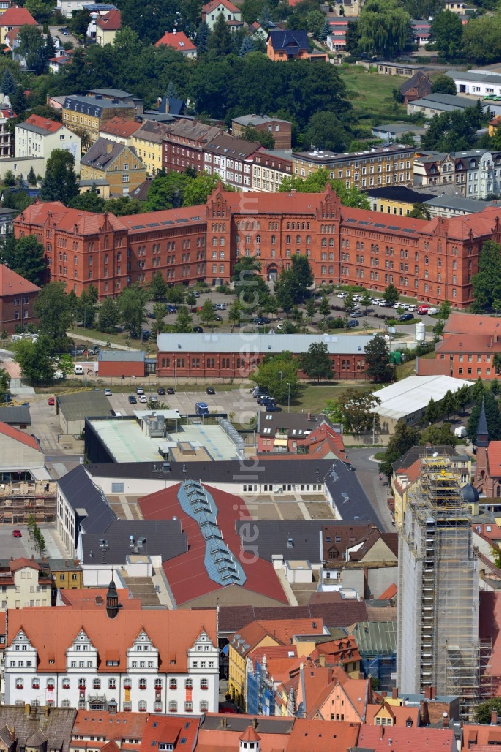 Aerial photograph Wittenberg - View of the construction site of the shopping center Arsenal between the Arsenal square and the market place in the inner city of Wittenberg. Project developers are MIB AG and the OFB Development GmbH