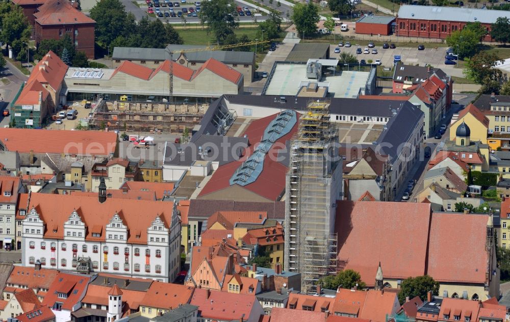 Wittenberg from the bird's eye view: View of the construction site of the shopping center Arsenal between the Arsenal square and the market place in the inner city of Wittenberg. Project developers are MIB AG and the OFB Development GmbH