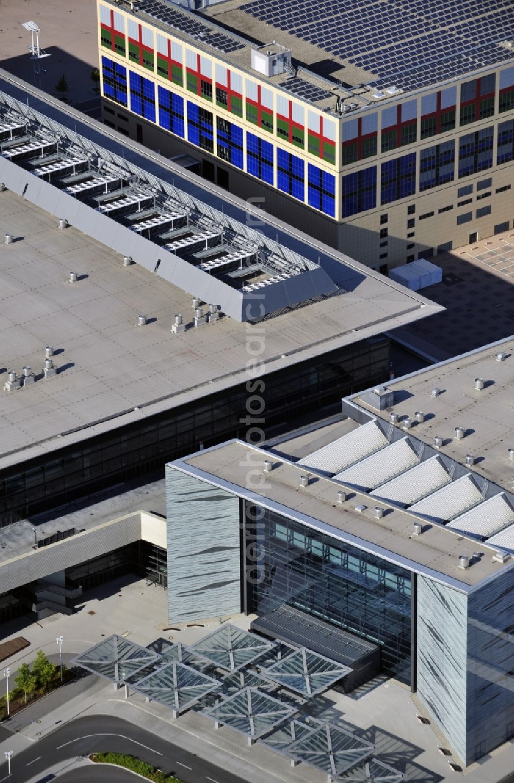 Aerial image Frankfurt - View of the newly constructed portal house at the fair in Frankfurt in Hesse. The building was designed by architects Hascher Jehle and Associates GmbH