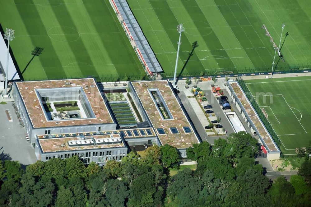 Leipzig from the bird's eye view: New training centre of the RB Leipzig ( RasenBallsport Leipzig e. V. ) at the Elsterbecken in the district Altlindenau in Leipzig in the state Saxony