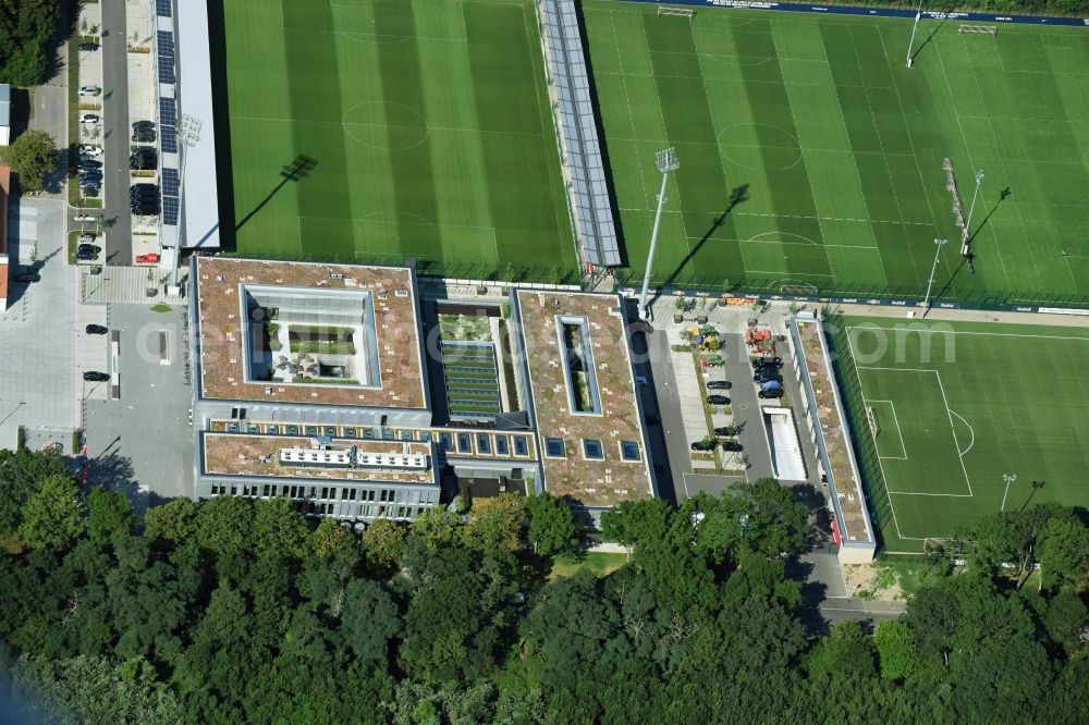 Aerial photograph Leipzig - New training centre of the RB Leipzig ( RasenBallsport Leipzig e. V. ) at the Elsterbecken in the district Altlindenau in Leipzig in the state Saxony