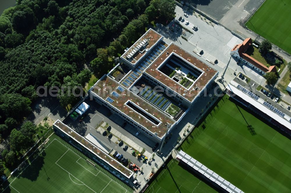 Aerial image Leipzig - New training centre of the RB Leipzig ( RasenBallsport Leipzig e. V. ) at the Elsterbecken in the district Altlindenau in Leipzig in the state Saxony