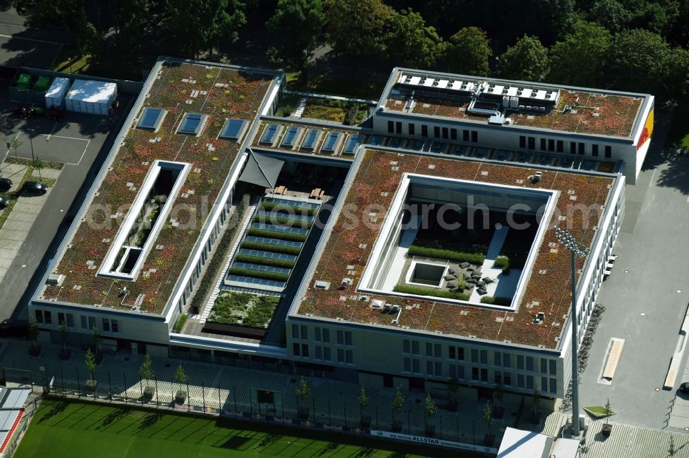 Leipzig from the bird's eye view: New training centre of the RB Leipzig ( RasenBallsport Leipzig e. V. ) at the Elsterbecken in the district Altlindenau in Leipzig in the state Saxony