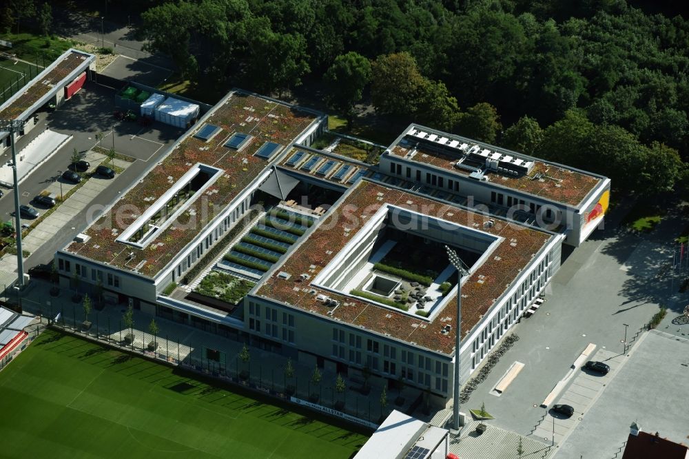 Aerial image Leipzig - New training centre of the RB Leipzig ( RasenBallsport Leipzig e. V. ) at the Elsterbecken in the district Altlindenau in Leipzig in the state Saxony