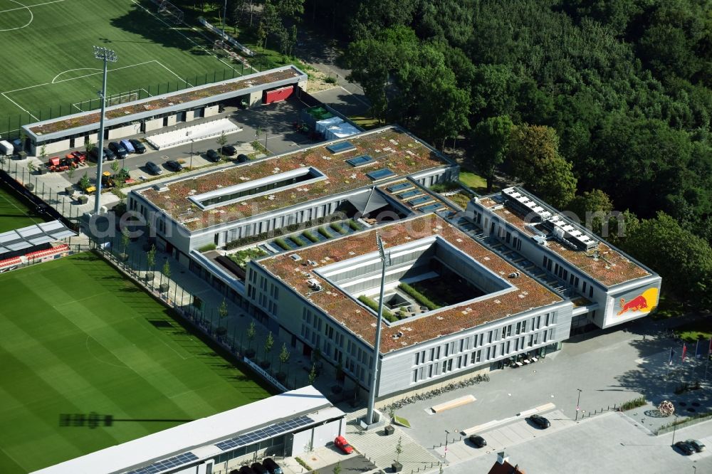 Aerial photograph Leipzig - New training centre of the RB Leipzig ( RasenBallsport Leipzig e. V. ) at the Elsterbecken in the district Altlindenau in Leipzig in the state Saxony