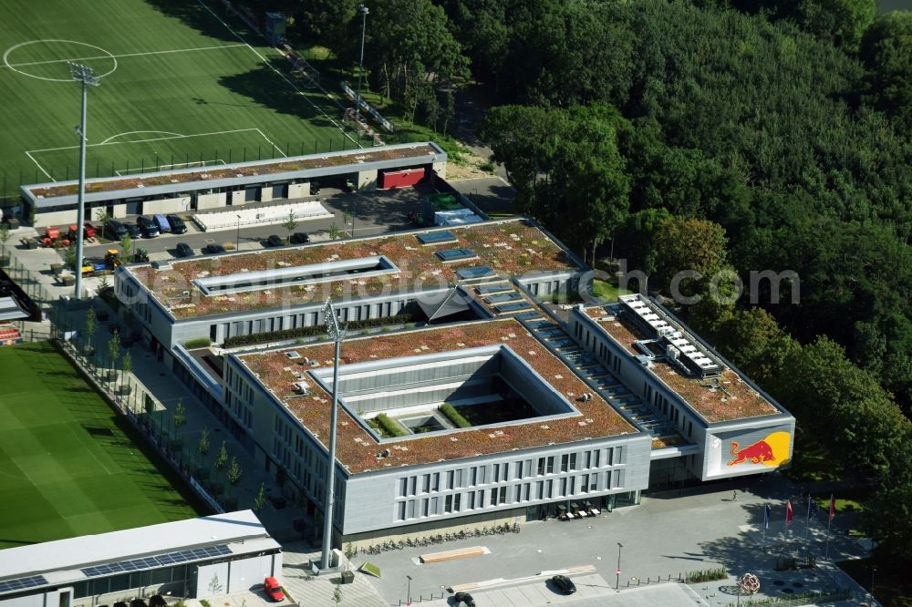 Leipzig from above - New training centre of the RB Leipzig ( RasenBallsport Leipzig e. V. ) at the Elsterbecken in the district Altlindenau in Leipzig in the state Saxony