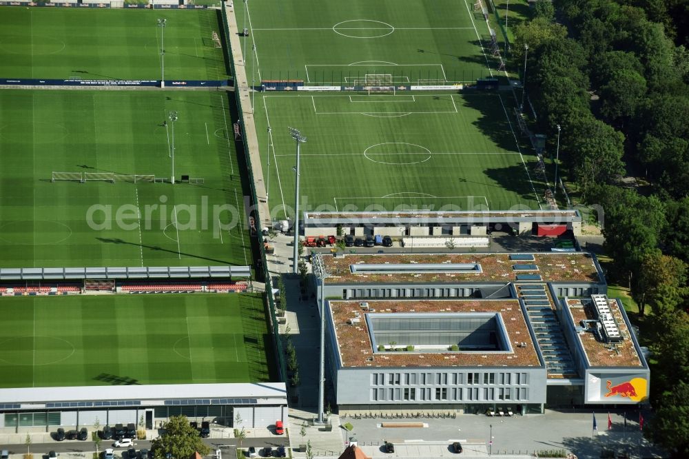 Leipzig from the bird's eye view: New training centre of the RB Leipzig ( RasenBallsport Leipzig e. V. ) at the Elsterbecken in the district Altlindenau in Leipzig in the state Saxony