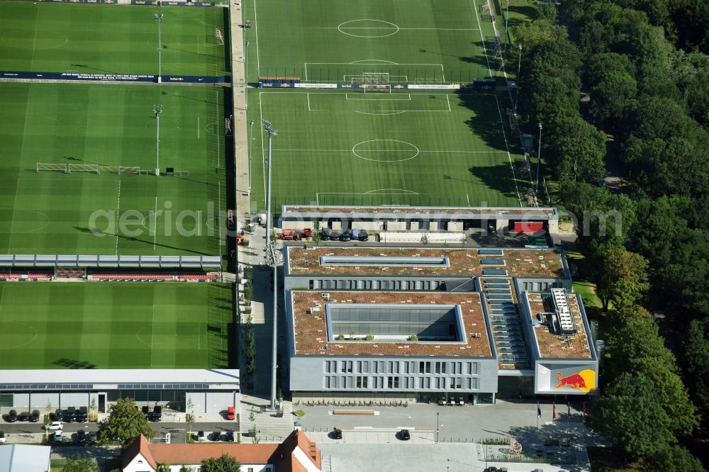 Aerial image Leipzig - New training centre of the RB Leipzig ( RasenBallsport Leipzig e. V. ) at the Elsterbecken in the district Altlindenau in Leipzig in the state Saxony