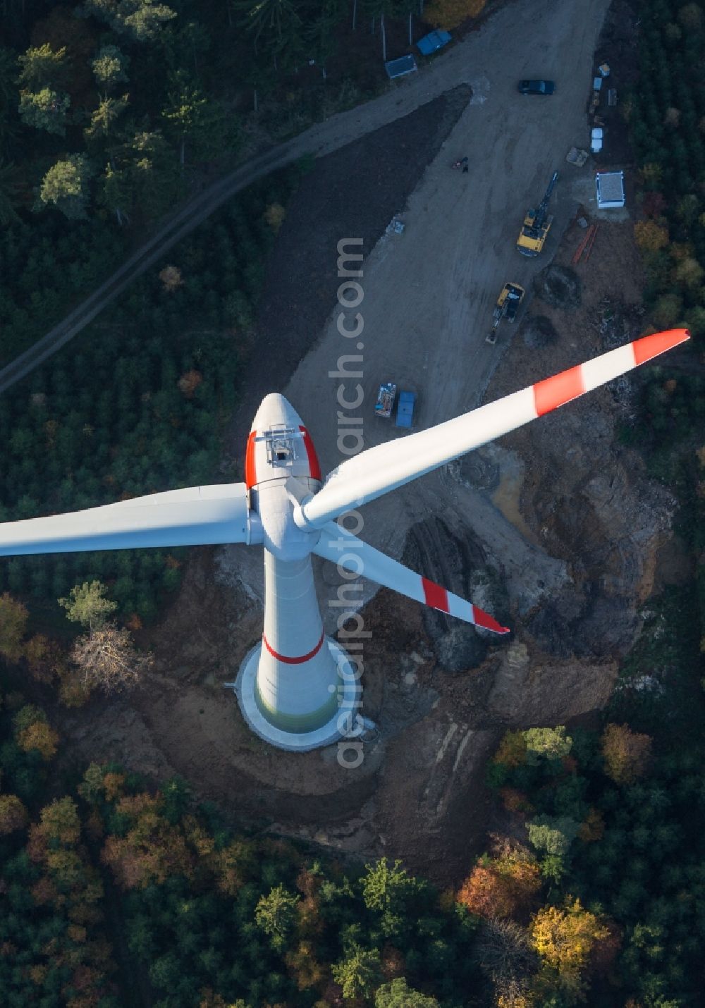 Aerial image Postau - Rotor blades of a new wind turbine - Wind turbine at Postau - Moosthann in the district of Landshut in Bavaria