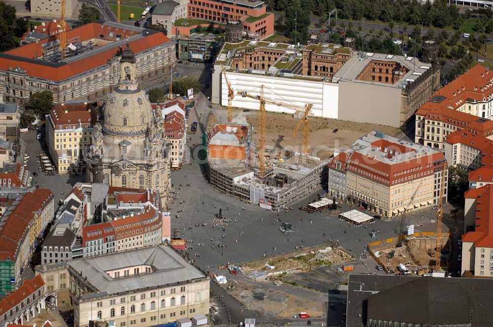 Aerial image Dresden - Blick auf die Frauenkirche am Neumarkt Dresden mit der Baustelle des Quartier III. info: http://