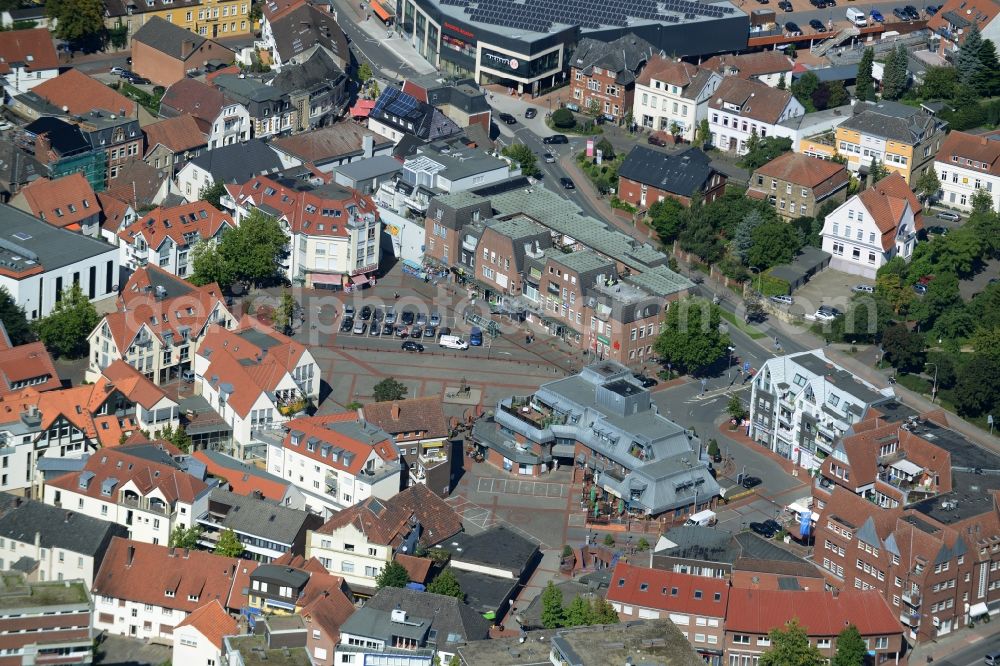 Aerial image Ibbenbüren - View on the market place in the inner city center in Ibbenbueren in the state North Rhine-Westphalia. Central there is a mexican restaurant with the name Dos Amigos