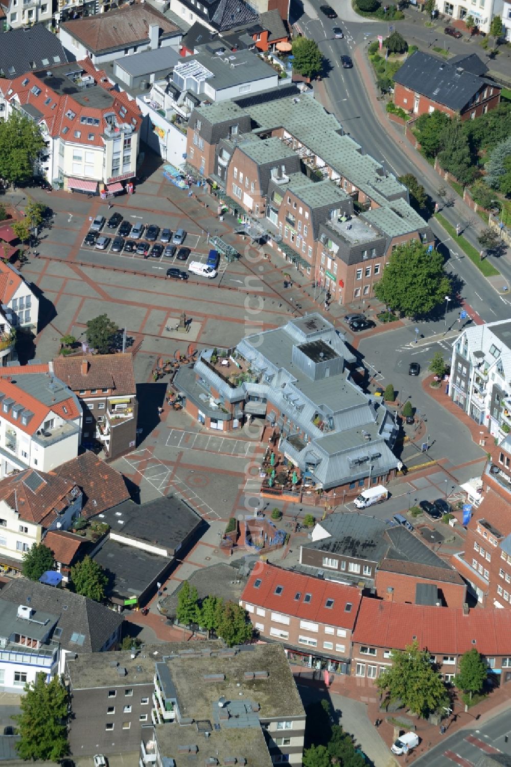 Ibbenbüren from above - View on the market place in the inner city center in Ibbenbueren in the state North Rhine-Westphalia. Central there is a mexican restaurant with the name Dos Amigos