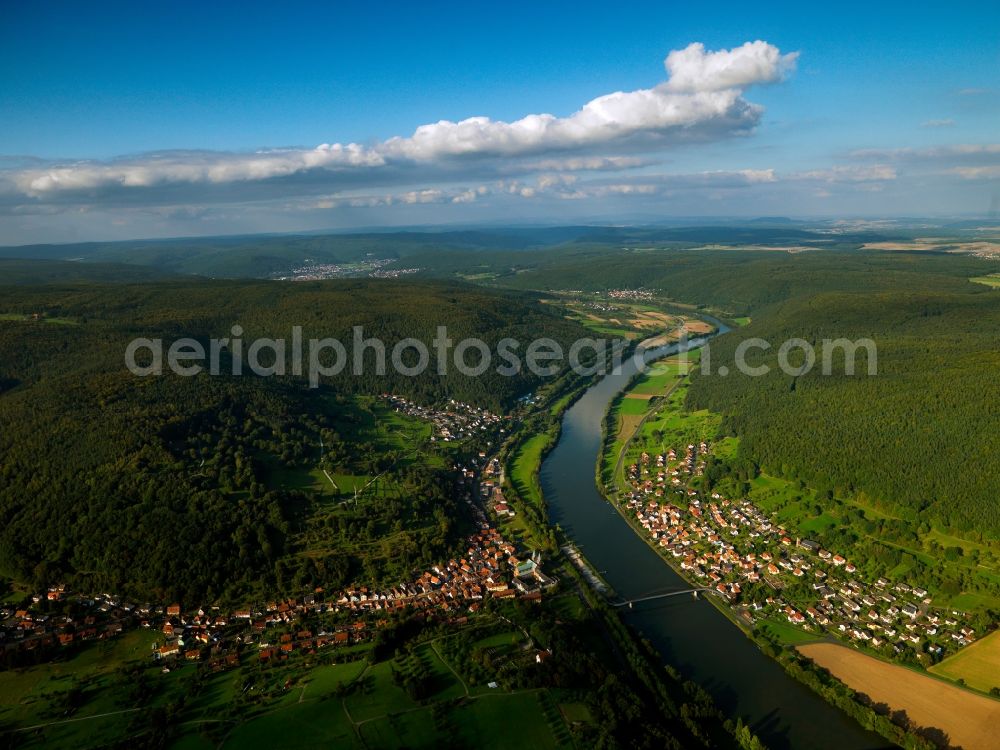 Aerial image Neustadt am Main - Neustadt am Main in the Lower Franconia region of the state of Bavaria. The borough consists of four districts of which Neustadt with the Aurora and Margarethenhof districts lies in the West and Erlach am Main on the Eastern riverbank of the river Main. The community is located in a valley surrounded by forest and fields. In Neustadt there is the highest mountain of the Main-Spessart region, the Klosterkuppel mountain with a height of 552m