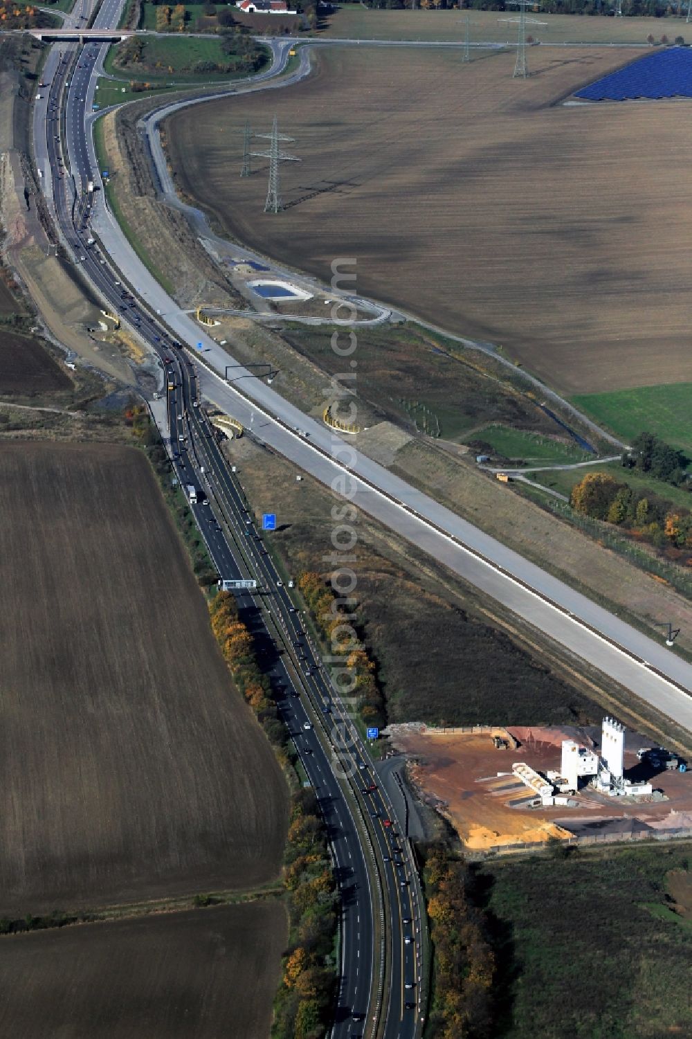 Magdala from above - Construction work on the realignment / relocation of the federal motorway A4 motorway between junctions AS Magdala in Thuringia. Die Ingenieurgruppe BEB ist mit der Projektsteuerung beauftragt