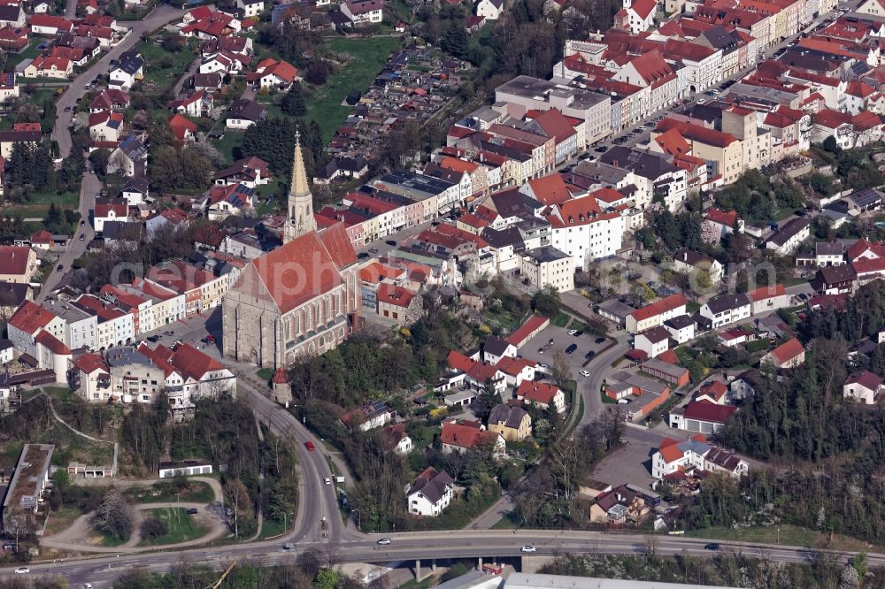 Aerial image Neuötting - Church building in Neuoetting Old Town- center of downtown in Neuoetting in the state Bavaria