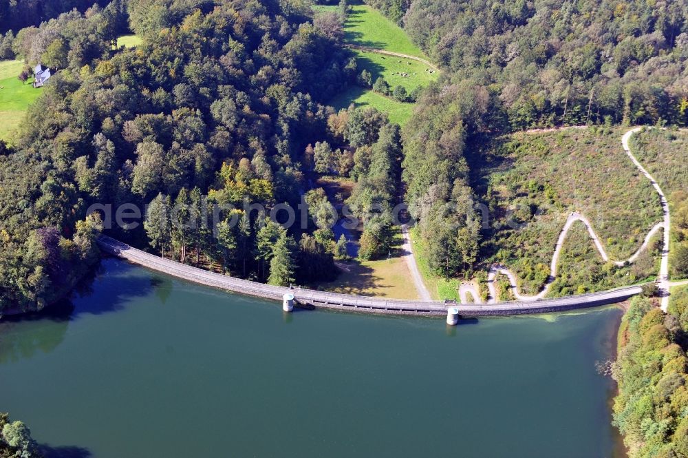 Wipperfürth from above - View of the Neye Dam in Wipperfürth in the state North Rhine-Westphalia. The dam was built as drinking water dam