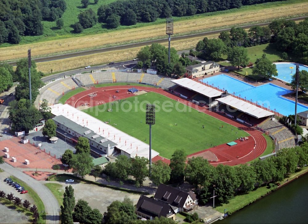 Aerial photograph Oberhausen - View of the Lower Rhine Stadium in Oberhausen in North Rhine-Westphalia. The Stadium Complex is the home of the then second division football SC Rot-Weiss Oberhausen eV.