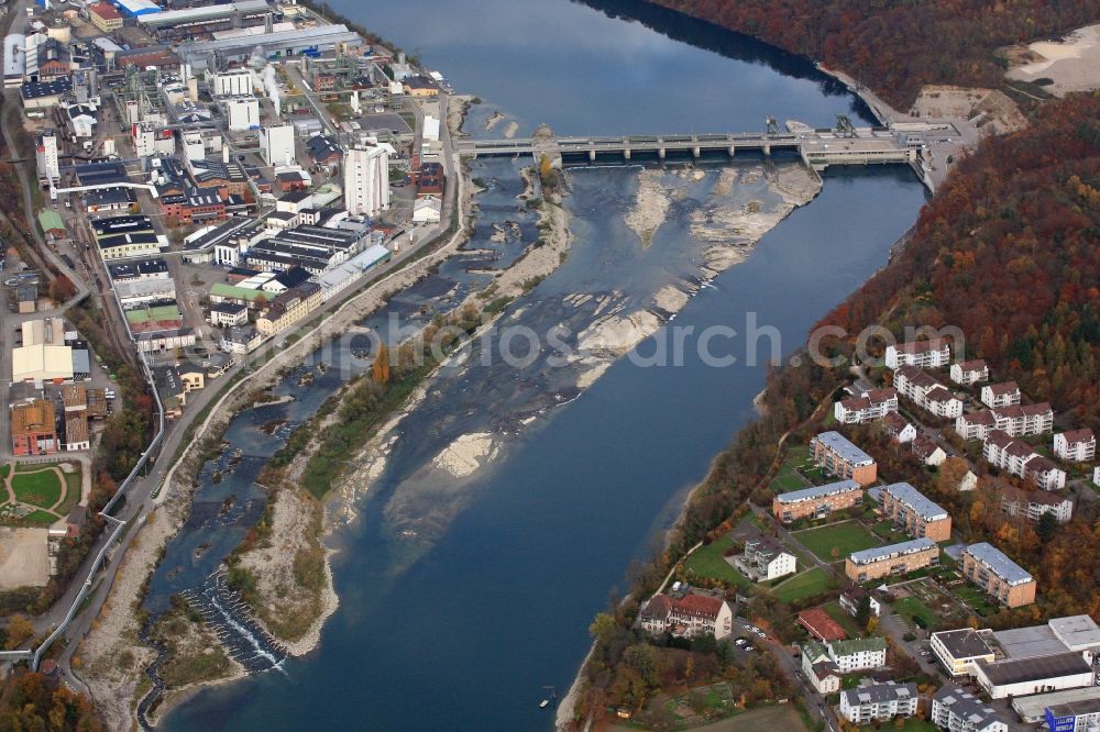 Rheinfelden (Baden) from the bird's eye view: Low Tide at the weir on the river Rhine hydropower plant in Rheinfelden (Baden) in the state of Baden-Wuerttemberg. The rock structures below the weir, the Gwild, is irrigated with a certain amount of water and also the water drain at the fish ladder reduces the useable water flow for electricity generation