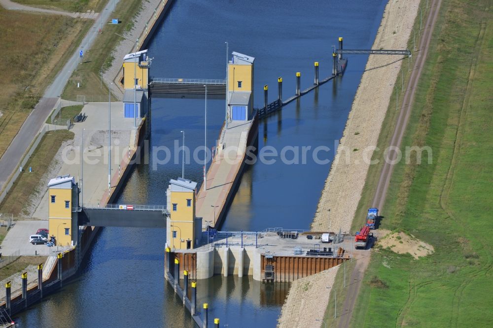 Magdeburg from above - Low tide lock Magdeburg in the Rothensee connection canal at the waterway cross Magdeburg in the state Saxony-Anhalt