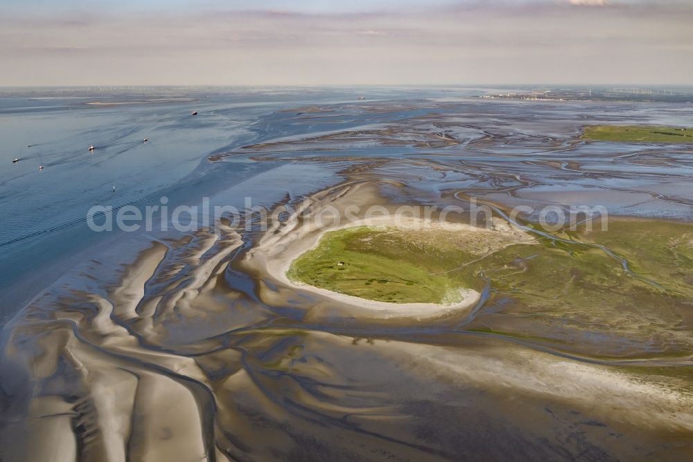 Nigehörn from above - Nighorn and Scharhoern in the North Sea in the Wadden Sea off Cuxhaven in the state Hamburg, Germany