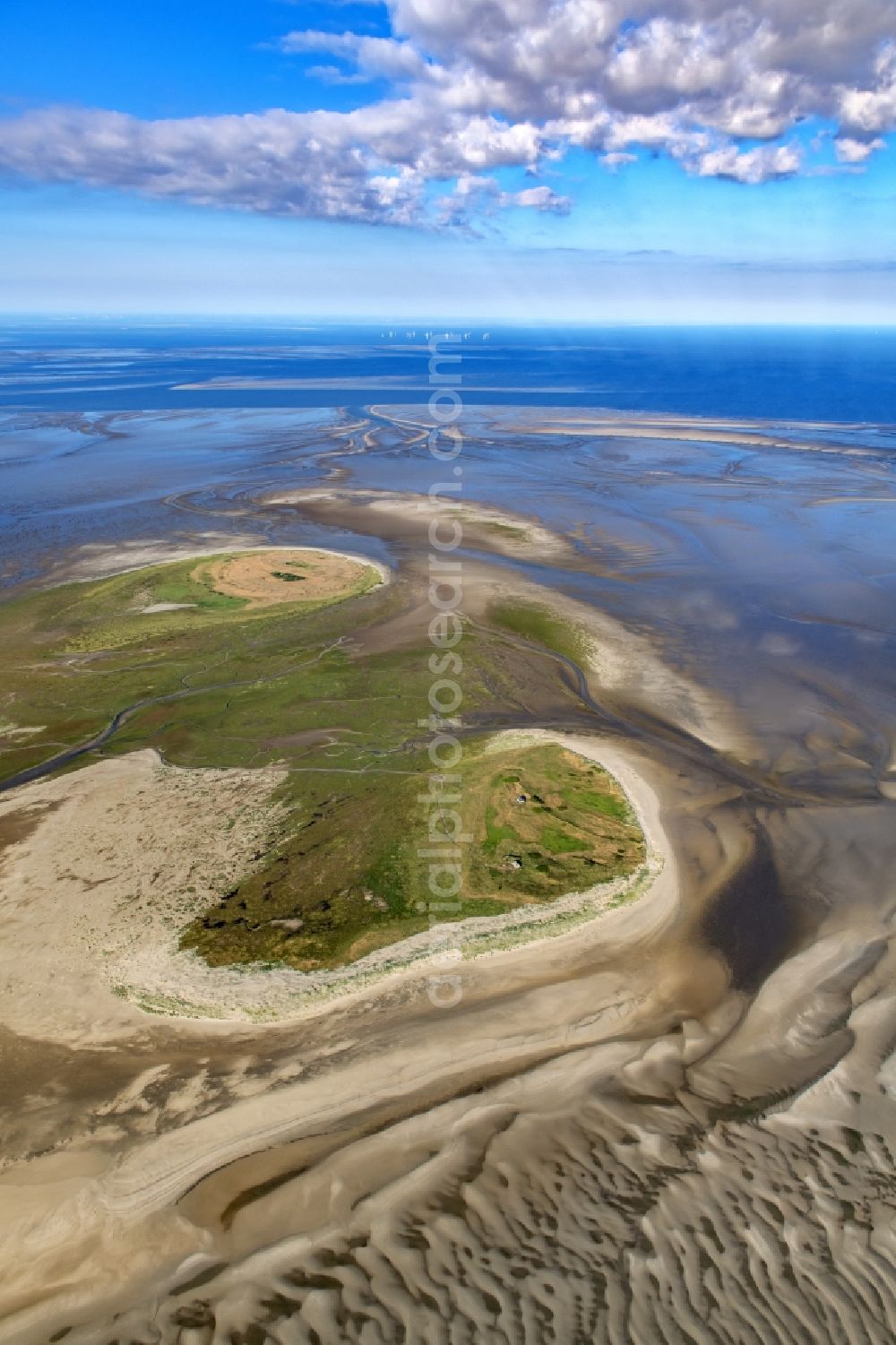 Scharhörn from above - Nighorn and Scharhoern in the North Sea in the Wadden Sea off Cuxhaven in the state Hamburg, Germany